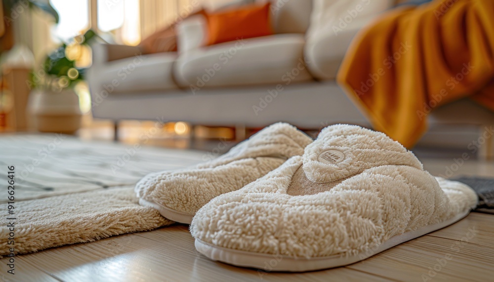Pair of cozy white slippers resting on hardwood floor in living room Pair of cozy white slippers resting on hardwood floor in living room