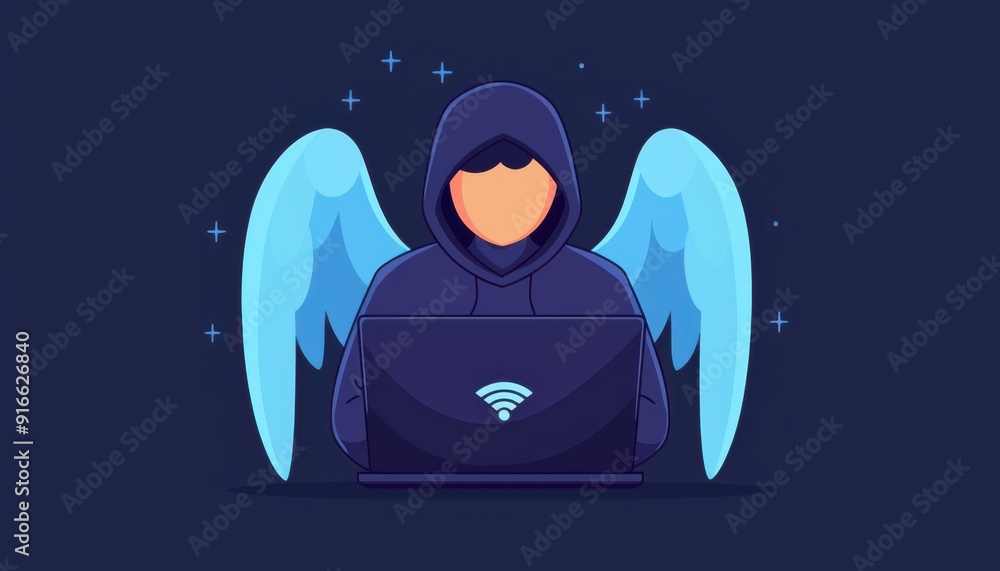 Cybersecurity guardian angel protecting a laptop user, VPN, privacy safety,copy space, focus cover all object, deep dept of field Cybersecurity guardian angel protecting a laptop user, VPN, privacy safety,copy space, focus cover all object, deep dept of field