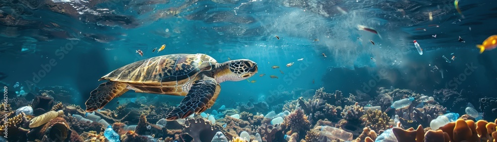 Obraz premium A turtle is swimming in the ocean with many fish around it