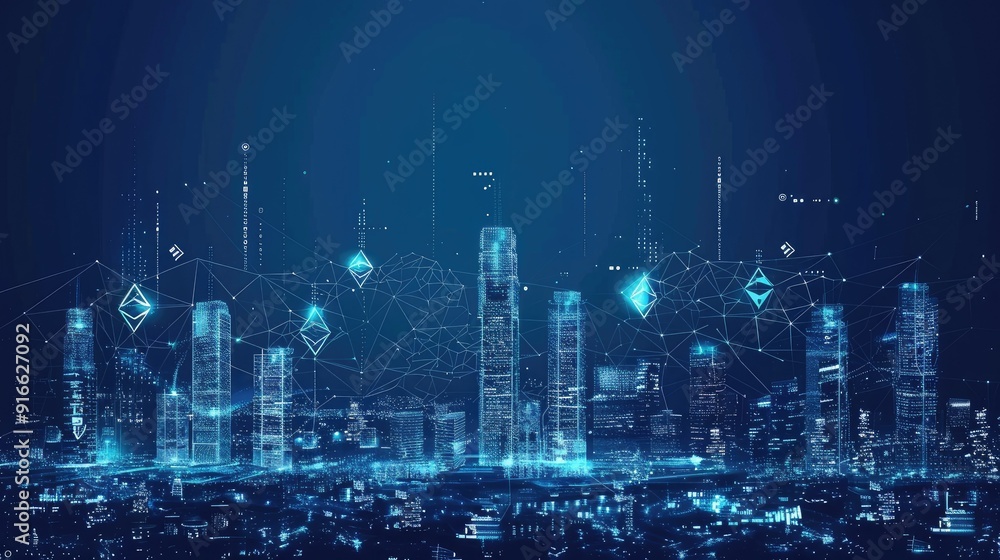 Futuristic cityscape with blockchain nodes Futuristic cityscape with blockchain nodes