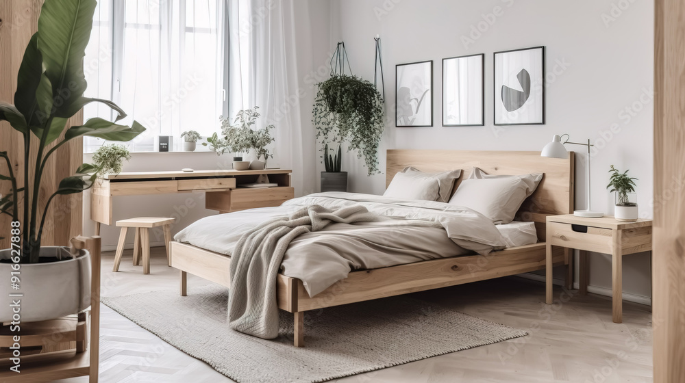 Beautiful Scandinavian style bedroom with light wooden furniture Beautiful Scandinavian style bedroom with light wooden furniture