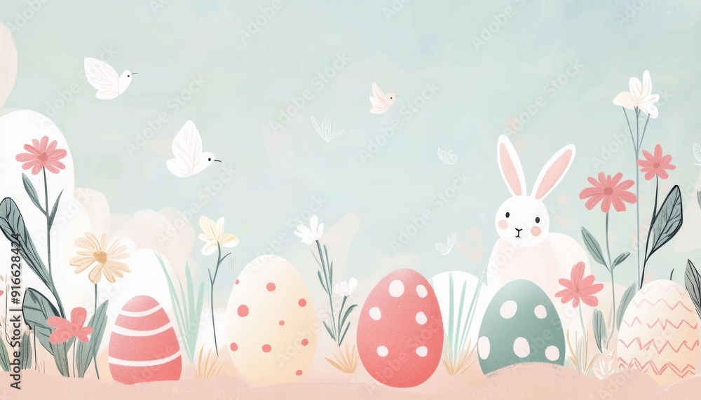 A soft-colored and simple Easter-themed background, with space for text or images, featuring pastel hues and inviting elements like Easter eggs, flowers, and bunnies, perfect for adding personal messa A soft-colored and simple Easter-themed background, with space for text or images, featuring pastel hues and inviting elements like Easter eggs, flowers, and bunnies, perfect for adding personal messa