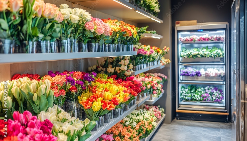 Fototapeta premium A colorful array of fresh flowers in a modern flower shop with a refrigerated room, bouquets displayed on shelves, showcasing vibrant blooms like roses, lilies, and tulips, the modern setting highligh