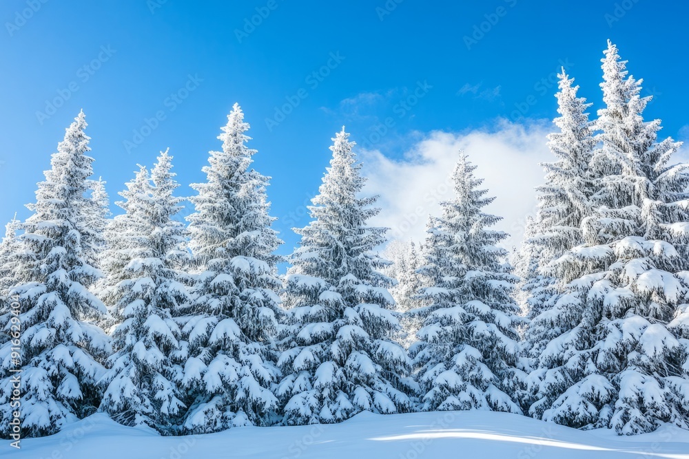 A serene winter landscape featuring tall evergreen trees covered in fresh snow against a clear blue sky. The scene captures the beauty of a snowy day in nature. A serene winter landscape featuring tall evergreen trees covered in fresh snow against a clear blue sky. The scene captures the beauty of a snowy day in nature.
