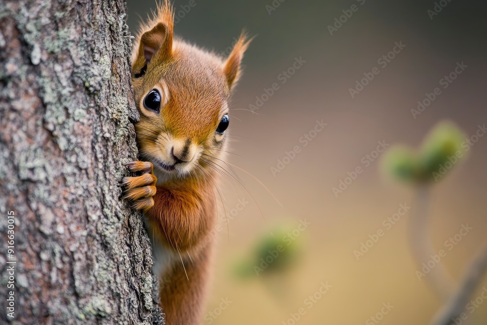 Fototapeta premium Curious red squirrel peeking behind the tree trunk, ai