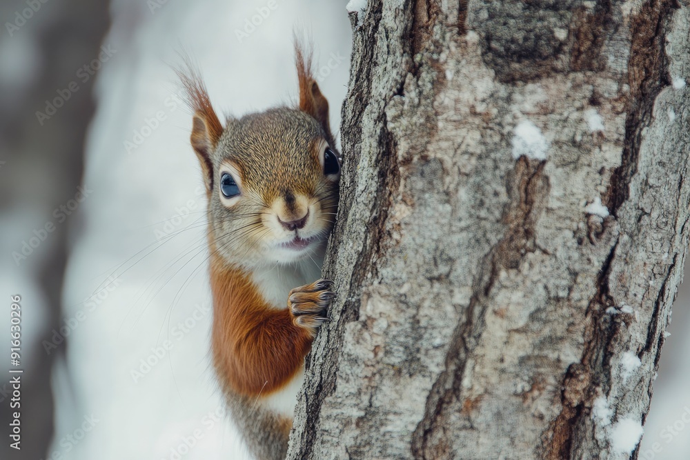 Curious red squirrel peeking behind the tree trunk, ai Curious red squirrel peeking behind the tree trunk, ai
