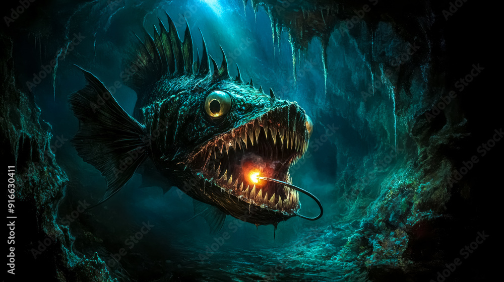 Scary deep sea fish swimming in underwater cave Scary deep sea fish swimming in underwater cave