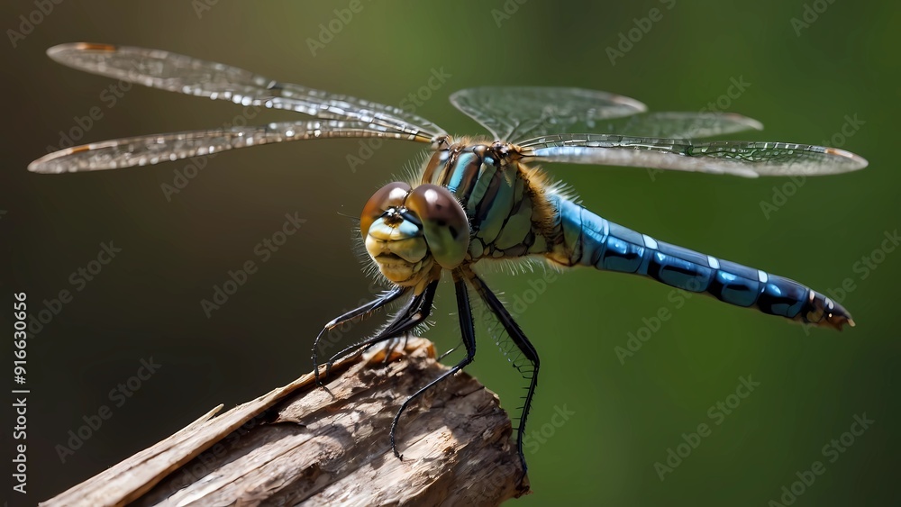 Close-up of a blue dragonfly perched on a weathered branch. Close-up of a blue dragonfly perched on a weathered branch.
