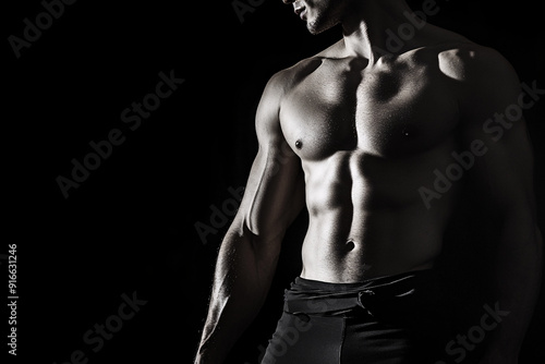 muscular man with a chiseled torso and defined muscles highlighted by dramatic shadows against a dark background emphasizing his strength and fitness