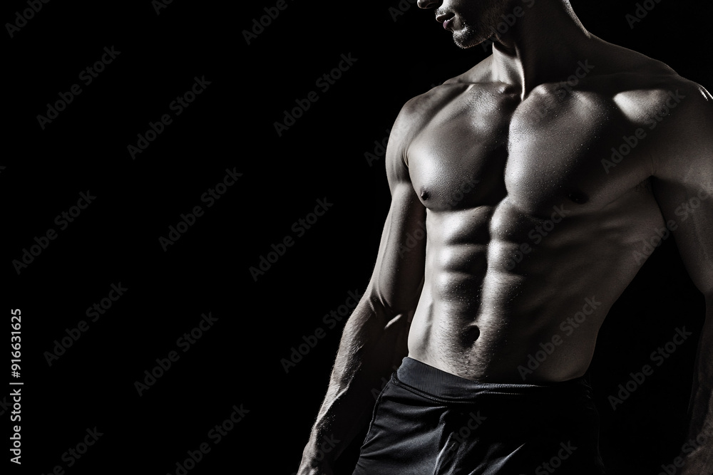 muscular man with a well-defined torso highlighted by dramatic lighting against a dark background showcasing his strength and fitness muscular man with a well-defined torso highlighted by dramatic lighting against a dark background showcasing his strength and fitness
