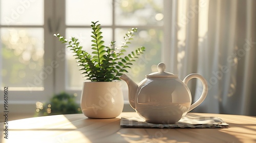 Cup of tea, teapot and green branch on white table with kitchen window background. Interior in modern Scandinavian style. Breakfast concept.