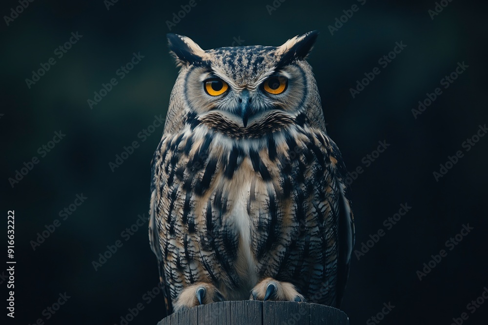 A close up of a european eagle owl perched on a post and staring forward. Taken against a dark background the eyes are penetrating the viewer, ai A close up of a european eagle owl perched on a post and staring forward. Taken against a dark background the eyes are penetrating the viewer, ai