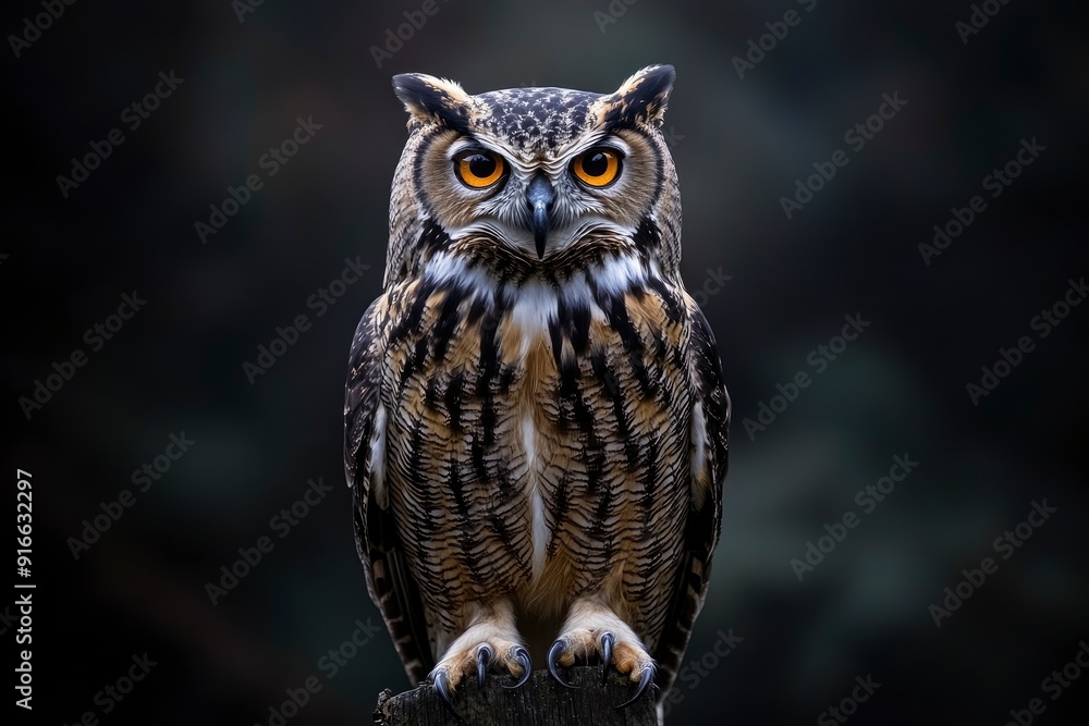 Fototapeta premium A close up of a european eagle owl perched on a post and staring forward. Taken against a dark background the eyes are penetrating the viewer, ai