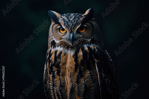 Wallpaper Mural A close up of a european eagle owl perched on a post and staring forward. Taken against a dark background the eyes are penetrating the viewer, ai Torontodigital.ca