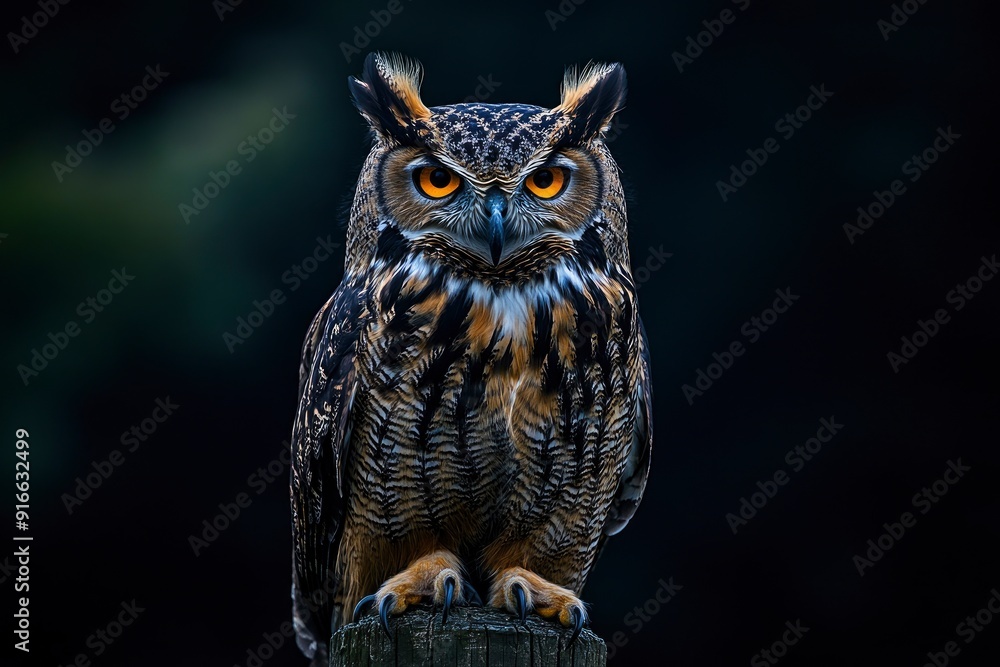 A close up of a european eagle owl perched on a post and staring forward. Taken against a dark background the eyes are penetrating the viewer, ai A close up of a european eagle owl perched on a post and staring forward. Taken against a dark background the eyes are penetrating the viewer, ai