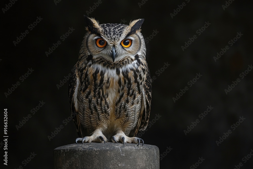 Fototapeta premium A close up of a european eagle owl perched on a post and staring forward. Taken against a dark background the eyes are penetrating the viewer, ai