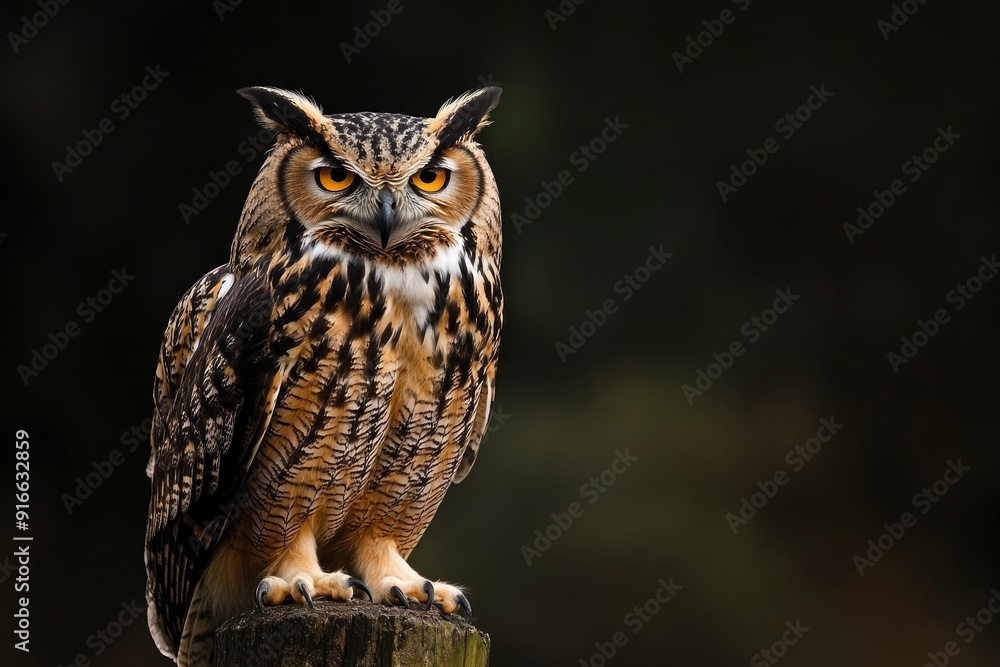 Fototapeta premium A close up of a european eagle owl perched on a post and staring forward. Taken against a dark background the eyes are penetrating the viewer, ai