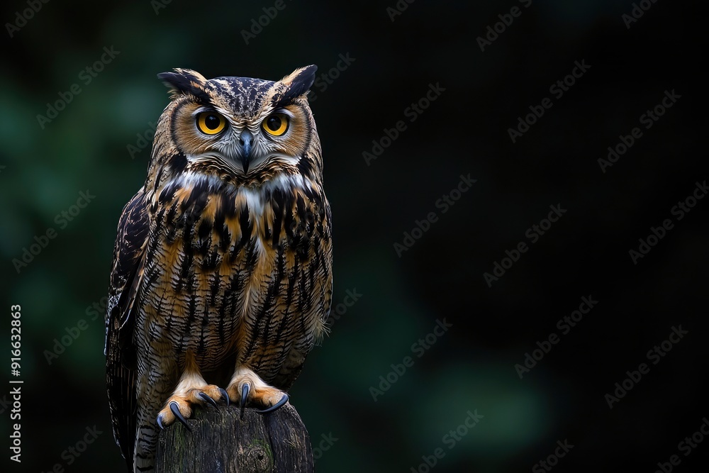 A close up of a european eagle owl perched on a post and staring forward. Taken against a dark background the eyes are penetrating the viewer, ai A close up of a european eagle owl perched on a post and staring forward. Taken against a dark background the eyes are penetrating the viewer, ai
