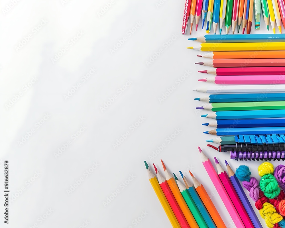 Fototapeta premium Pristine white background with vibrant school supplies arranged on the right side in a flat lay format. Ample space for back to school messages.
