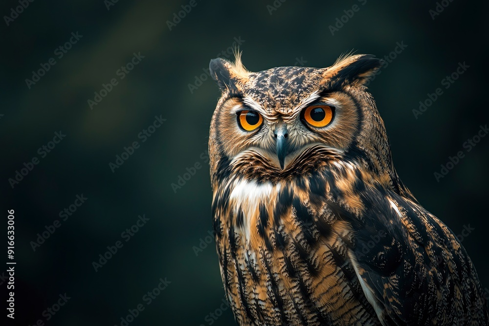 Fototapeta premium A close up of a european eagle owl perched on a post and staring forward. Taken against a dark background the eyes are penetrating the viewer, ai