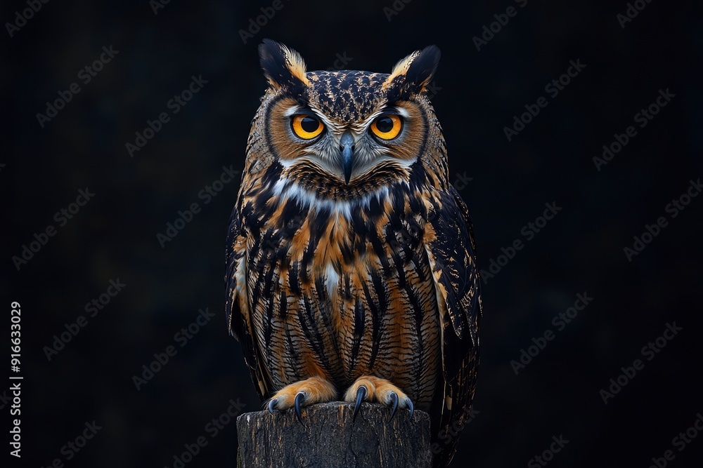 Obraz premium A close up of a european eagle owl perched on a post and staring forward. Taken against a dark background the eyes are penetrating the viewer, ai