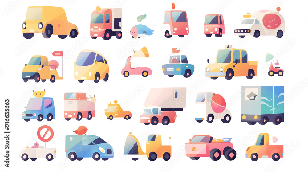 かわいいカラフル車&トラックアイコンセット | デザインに使えるプレイフルなイラスト集 かわいいカラフル車&トラックアイコンセット | デザインに使えるプレイフルなイラスト集