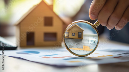 An investor studying real estate market trends with a magnifying glass. investor studying