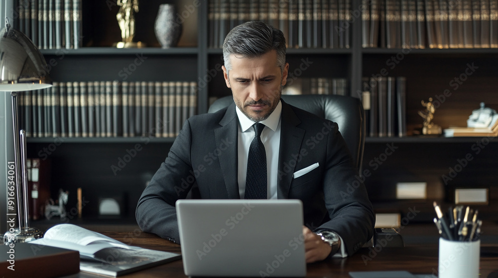 Businessman in a tailored suit and tie working from a sleek home office with a large computer monitor. Businessman in a tailored suit and tie working from a sleek home office with a large computer monitor.