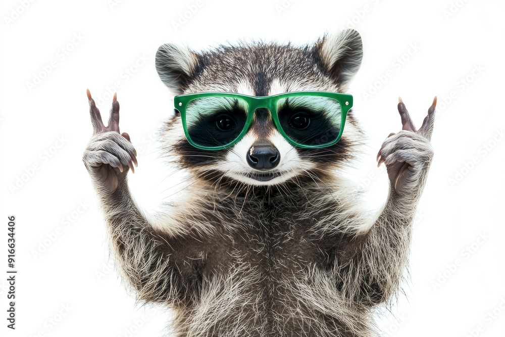 Funny raccoon in green sunglasses showing a rock gesture isolated on white background, ai Funny raccoon in green sunglasses showing a rock gesture isolated on white background, ai