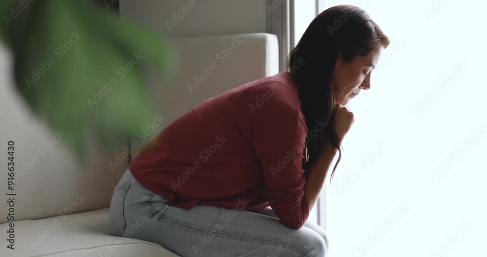 Sad young woman overcome hard period of her life, sitting alone on sofa thinks with eyes closed, calming herself during panic attack suffers from unstable psyche or mood. Mental disorder, need support Sad young woman overcome hard period of her life, sitting alone on sofa thinks with eyes closed, calming herself during panic attack suffers from unstable psyche or mood. Mental disorder, need support