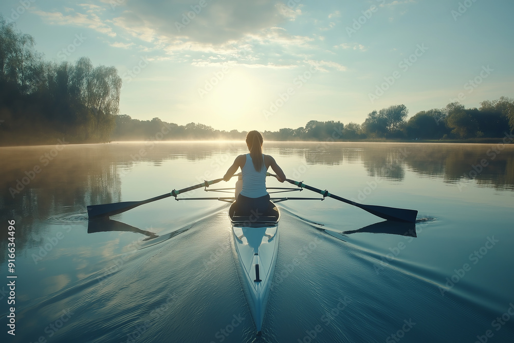 Woman rowing on a calm lake at sunrise. Woman rowing on a calm lake at sunrise.