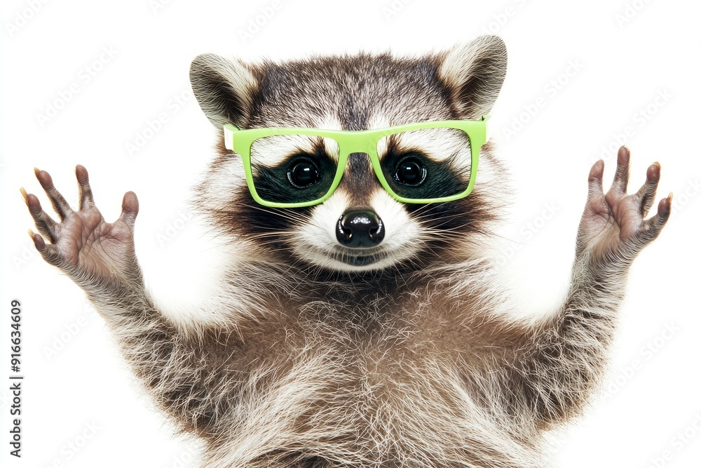 Funny raccoon in green sunglasses showing a rock gesture isolated on white background, ai Funny raccoon in green sunglasses showing a rock gesture isolated on white background, ai