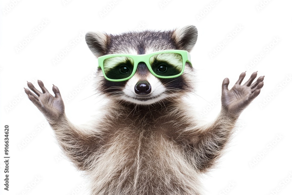 Funny raccoon in green sunglasses showing a rock gesture isolated on white background, ai Funny raccoon in green sunglasses showing a rock gesture isolated on white background, ai