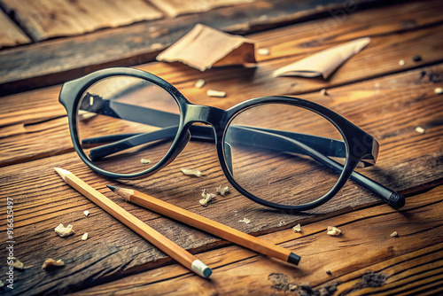 A retro pair of glasses with thick, black tape wrapped around the broken frame, sitting on a worn wooden desk amidst scattered papers and pencils. photo