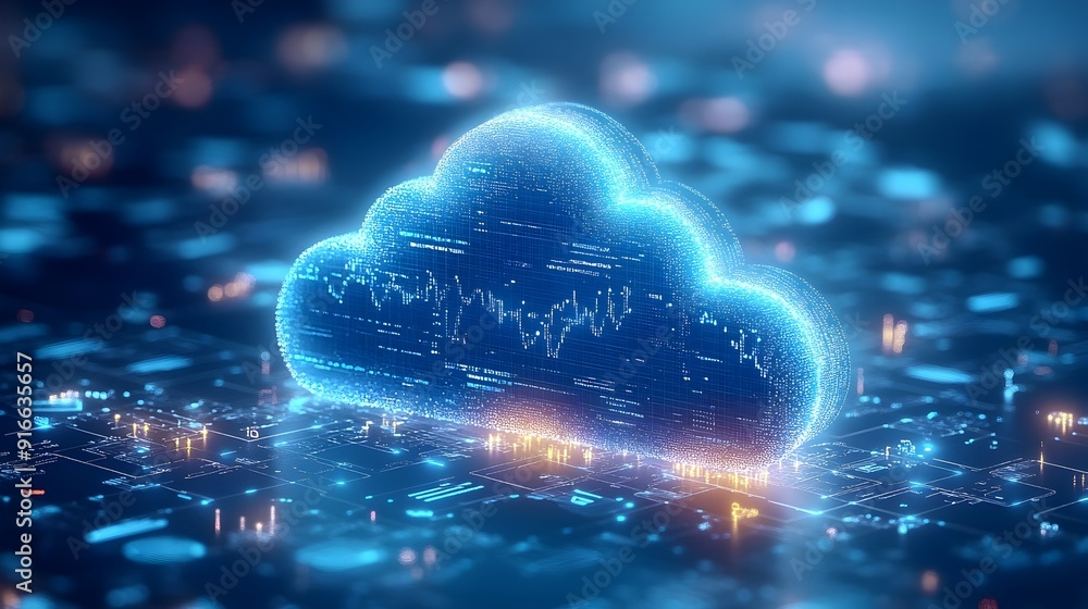 Glowing Digital Cloud Surrounded by Financial Data and Icons Glowing Digital Cloud Surrounded by Financial Data and Icons