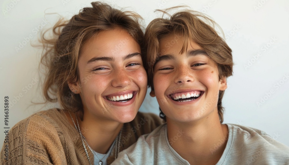 Portrait of a brother and sister smiling and laughing together Portrait of a brother and sister smiling and laughing together