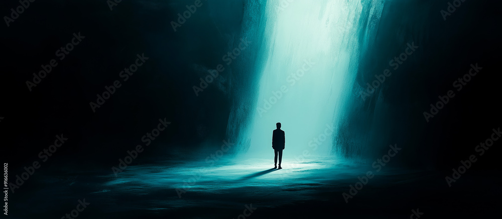 A solitary figure stands bathed in stark light against a shadowy, ominous void. A solitary figure stands bathed in stark light against a shadowy, ominous void.