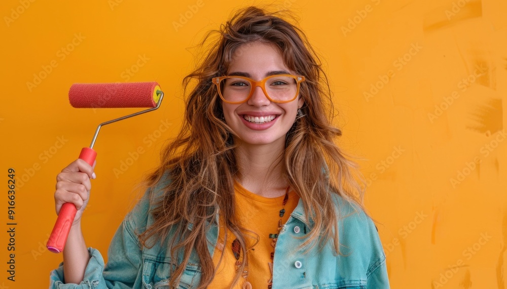 Young woman holding paint roller smiling on yellow background Young woman holding paint roller smiling on yellow background