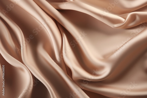 Processed collage of smooth wavy beige light brown satin silk cloth fabric texture. Background