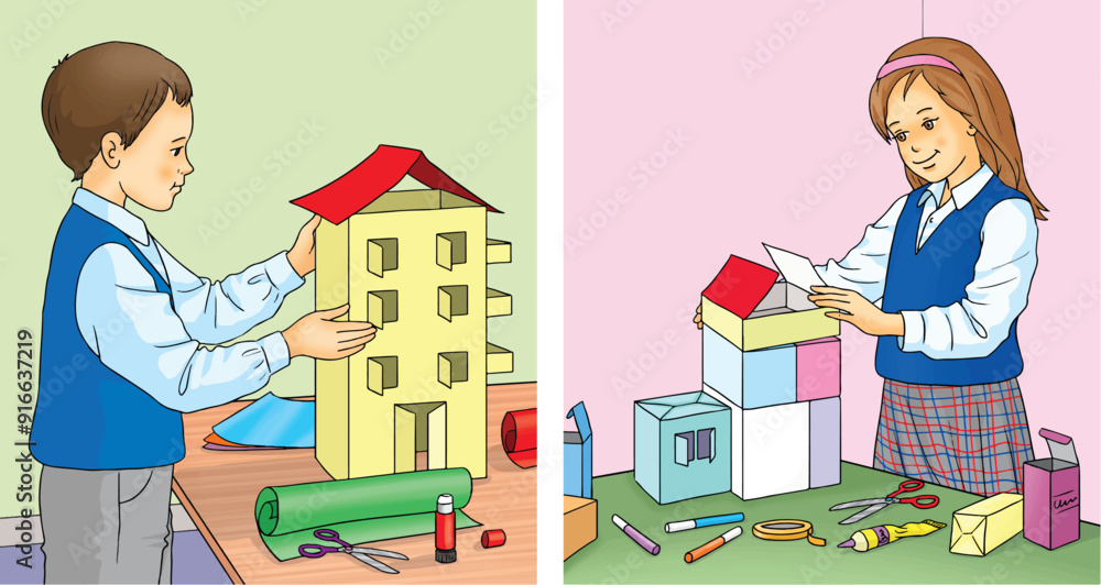 Making a building from cardboard. Male and female students doing their project homework. Making a building from cardboard. Male and female students doing their project homework.