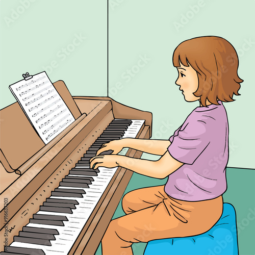 A girl playing the piano on stage.