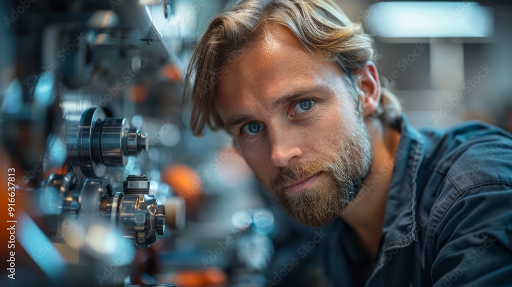 Fototapeta premium An engineer meticulously assembling parts of a sophisticated weapon system in a high-tech facility.