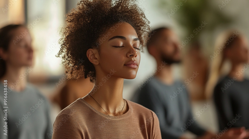 Show a diverse group practicing deep breathing exercises. Show a diverse group practicing deep breathing exercises.
