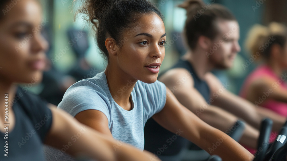 Show a fitness class with diverse participants at a local gym. Show a fitness class with diverse participants at a local gym.