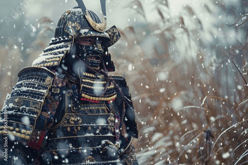 Draped in traditional armor, a samurai surveys the snowy surroundings, embodying strength and nobility as snowflakes descend gracefully. photo