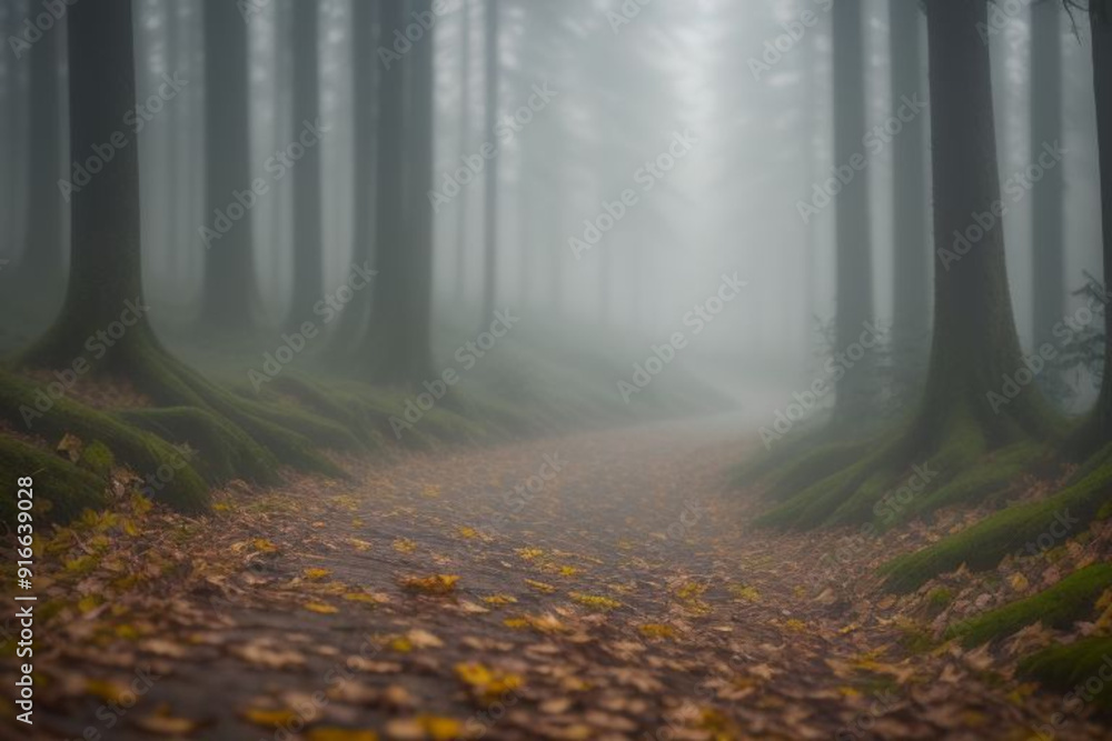 Obraz premium Beautiful nature walking trail or road in a forest surrounded by plants and trees on an Autumn or Spring day. Woods in the countryside with green grassy fields leading to a villa building in France
