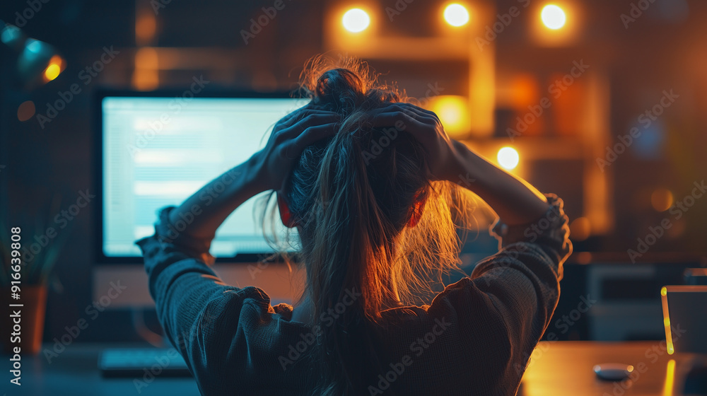 frustrated worker's hands in hair, sleek computer screen glow frustrated worker's hands in hair, sleek computer screen glow