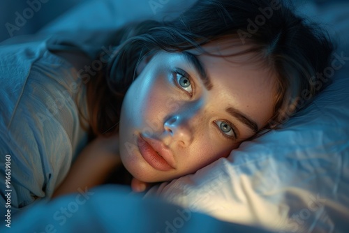 Intimate Scene of a Young Woman Lying Awake in Bed, Highlighting Her Sleepless Night and Emotional State