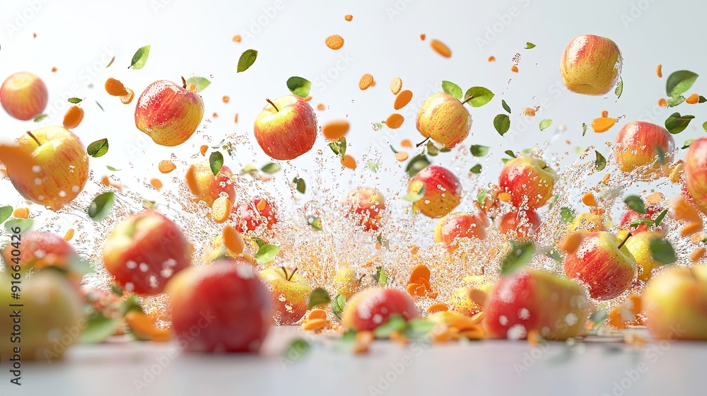 Fresh Red Apples with Water Spray Explosion on Bright Background. Surreal Realistic Liquid Dispersion of Juicy Fruits Captured in High-Resolution, Front View. Photorealistic Detail Fresh Red Apples with Water Spray Explosion on Bright Background. Surreal Realistic Liquid Dispersion of Juicy Fruits Captured in High-Resolution, Front View. Photorealistic Detail
