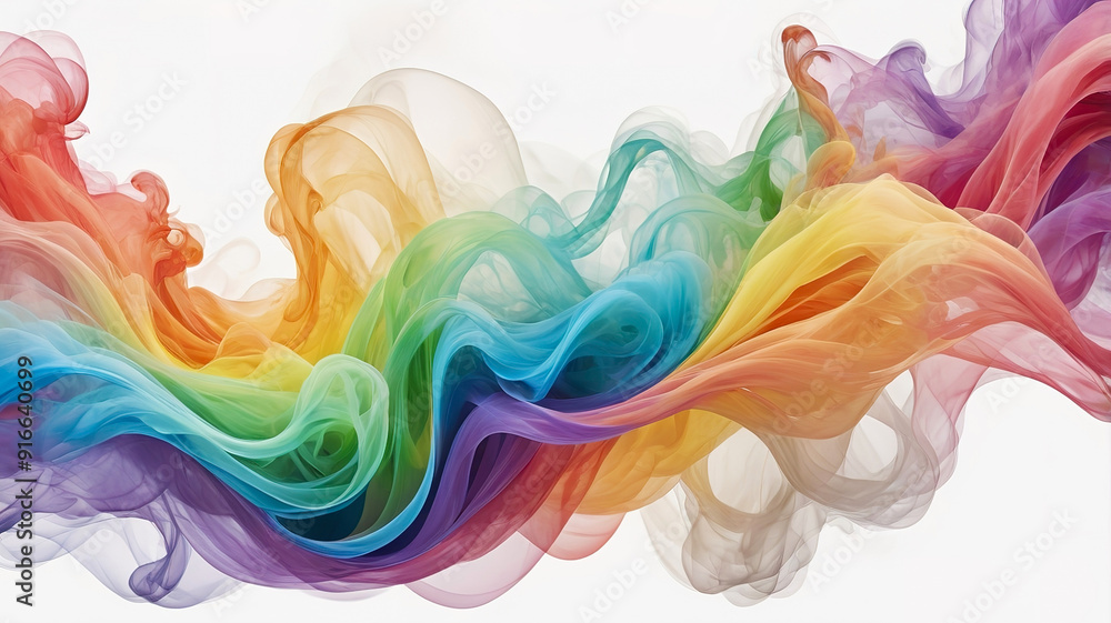 Vector art of bright and soft rainbow smoke waves, gracefully flowing on a crisp white backdrop. Vector art of bright and soft rainbow smoke waves, gracefully flowing on a crisp white backdrop.